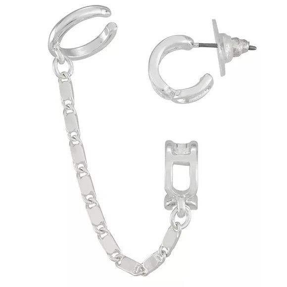 Nine West Silver Tone Mismatch Ear Cuff & Huggie Earring Set New - Picture 1 of 2